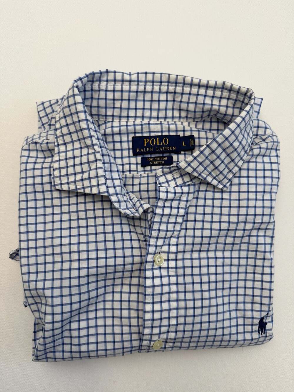 Polo Ralph Lauren Button Down Shirt Size L Blue White Plaid Cotton Stretch